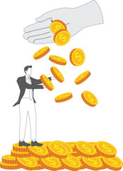 Fototapeta premium Having wealth, winning the jackpot, being wealthy, getting rich, holding a pile of gold coins in both businessman hands