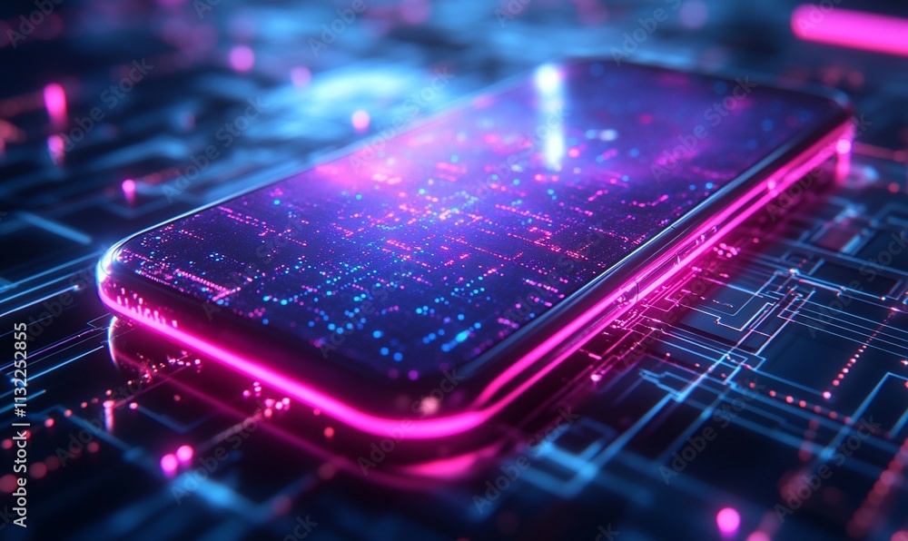 Aufkleber futuristic smartphone displaying digital data on a circuit board.