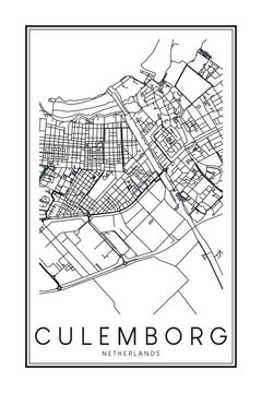 Printable downtown road map poster of the Dutch city of CULEMBORG on solid white background with city name