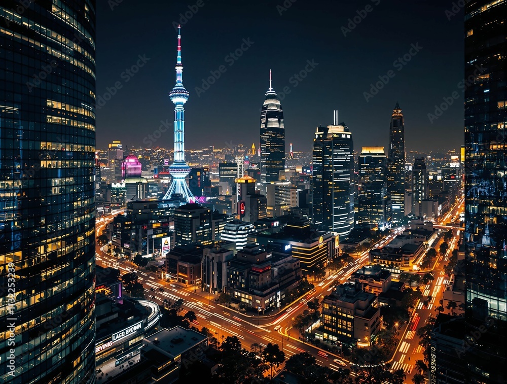 Poster a vibrant tapestry of light illuminates the shanghai skyline at night. modern architecture meets a b