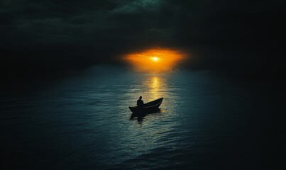 Fototapeta premium Solitary figure, small boat, dark water, sunset.