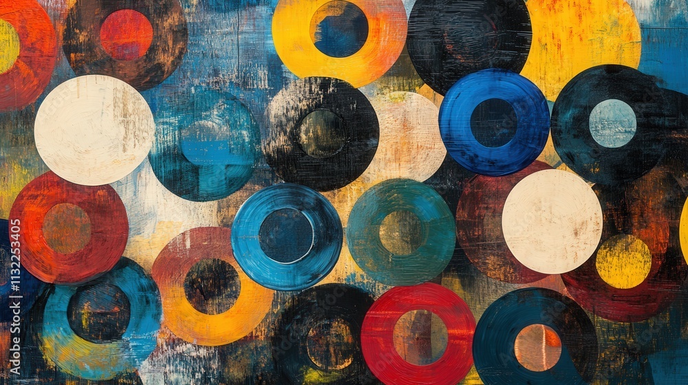Poster dynamic mixed media composition where overlapping circles in bold, vibrant colors create a sense of 