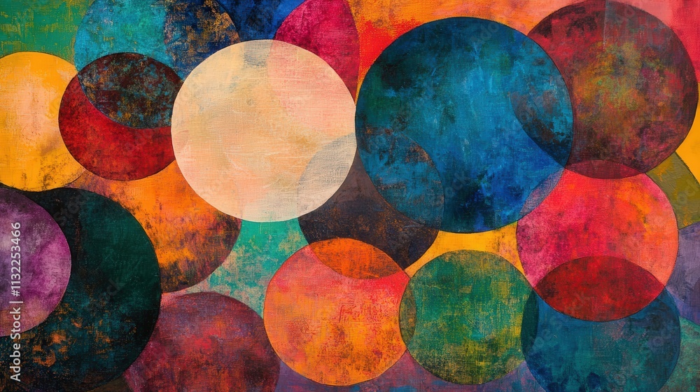 Poster dynamic mixed media composition where overlapping circles in bold, vibrant colors create a sense of 