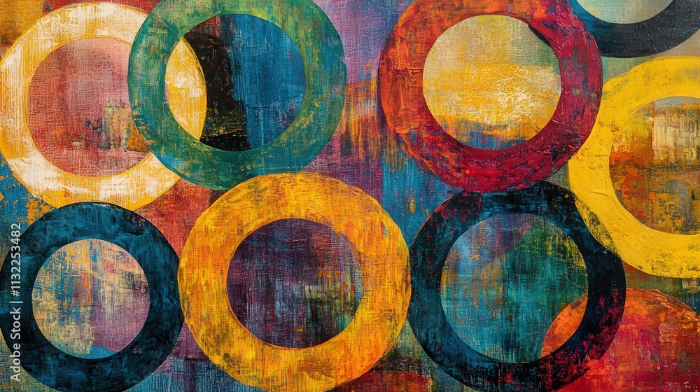 Poster dynamic mixed media composition where overlapping circles in bold, vibrant colors create a sense of 