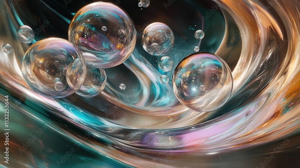Aufkleber fluid scene where translucent shades cascade through a twisting metal spiral, creating a path of col