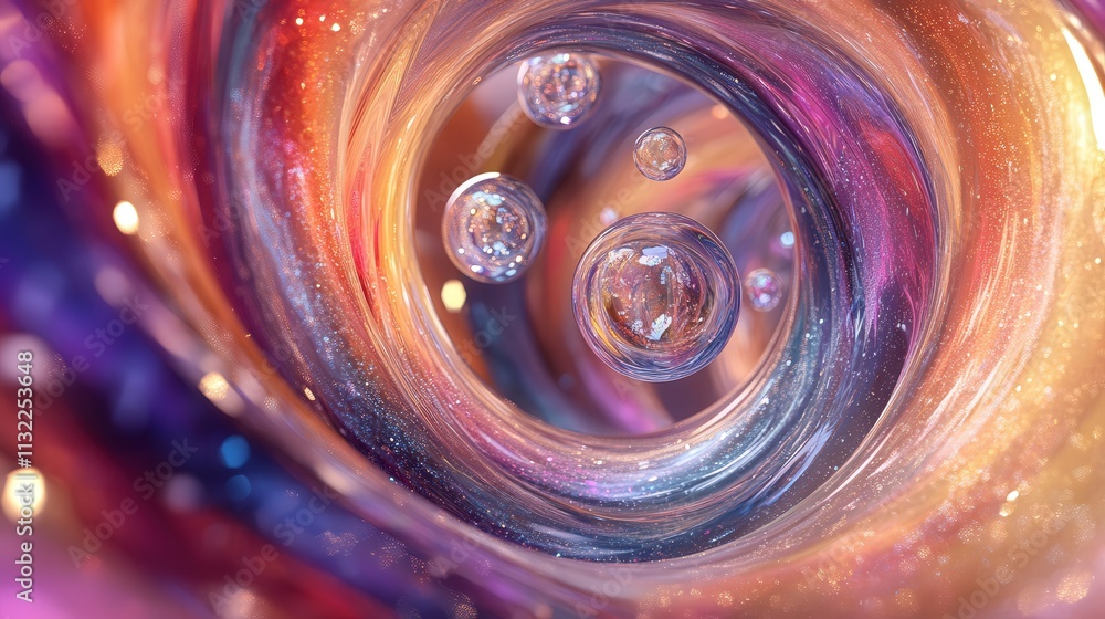 Aufkleber fluid scene where translucent shades cascade through a twisting metal spiral, creating a path of col
