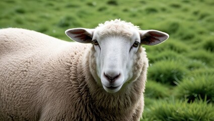 Fototapeta premium A sheep in a verdant pasture, up close