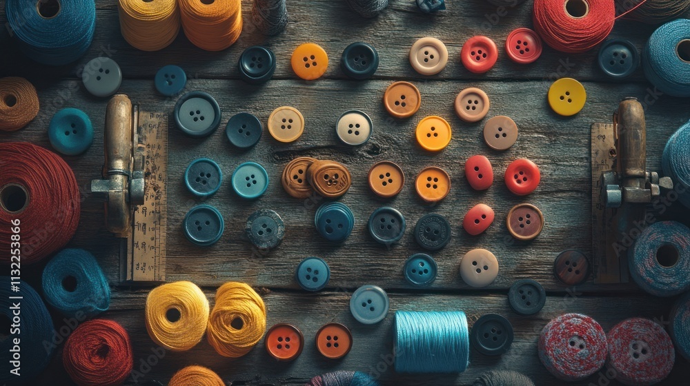 Poster a colorful arrangement of buttons and threads on a wooden surface for crafting purposes.