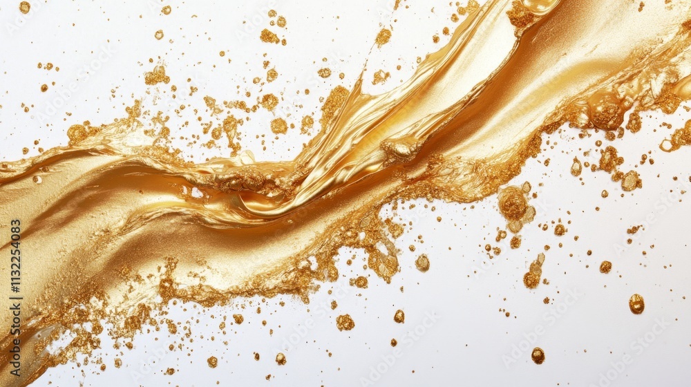 Poster dynamic flow of golden liquid studio setting abstract art minimal environment close-up view vivid co
