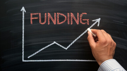 Hand draws upward funding graph on blackboard..