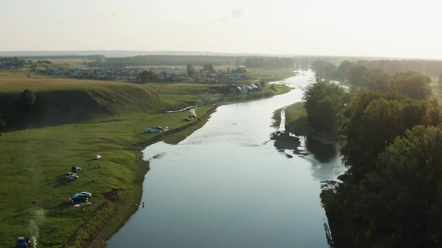 The Southern Urals, a tourist camp on the Zilim River near the village of Tash-Asty. Aerial view.