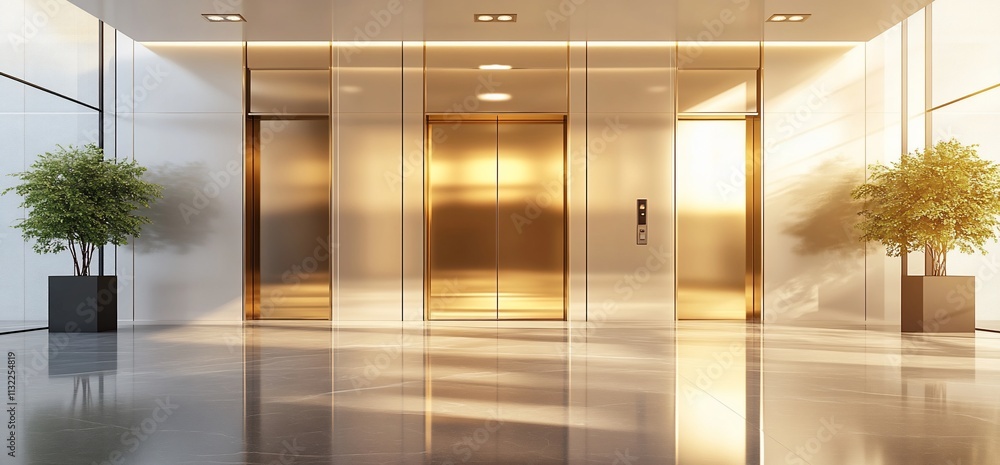 Poster modern elevator lobby with polished surfaces and greenery.