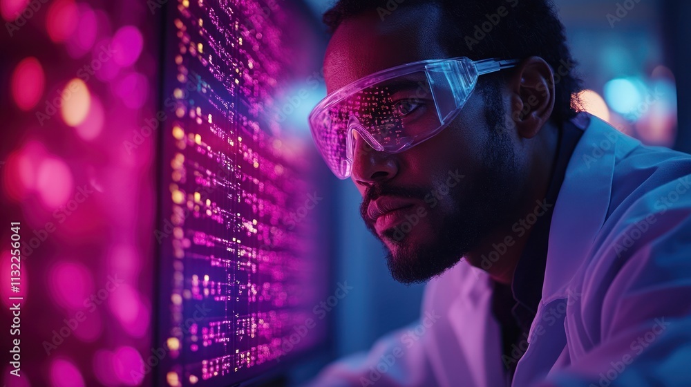 Aufkleber a scientist in a lab coat and goggles analyzes data on a glowing screen.