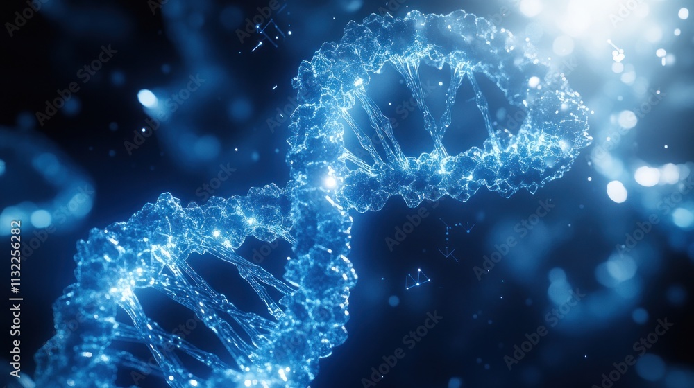 Poster a close-up of a dna double helix structure in a digital, glowing representation.