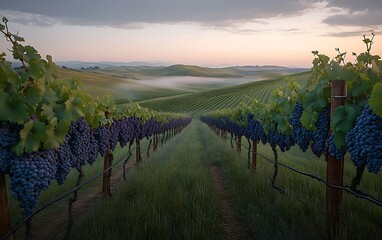 Fototapeta premium Vineyard rows at sunrise, misty hills, ripe grapes hanging from vines.