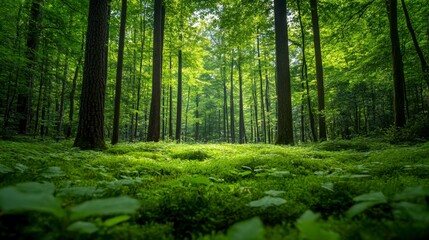 Obraz premium A dense forest floor covered in vibrant green moss, tall trees
