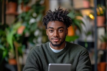 Closeup portrait of a young Black man with dreadlocks, smiling gently while using a tablet