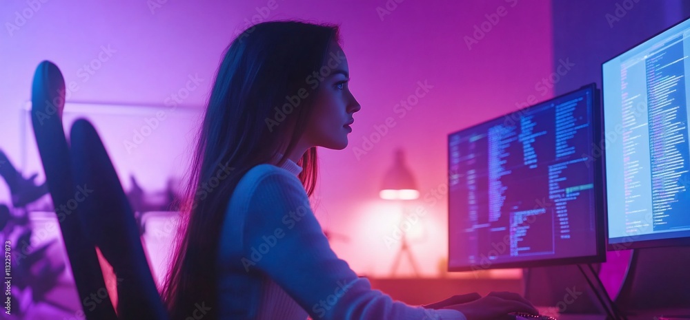 Poster Woman programmer coding late at night.