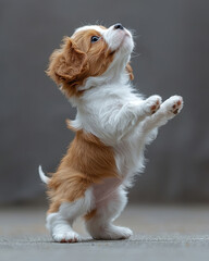 Adorable puppy standing on hind legs, looking up with curiosity. Fluffy fur and bright eyes capture playful innocence. Perfect for pet, animal lovers, or joy-themed projects.