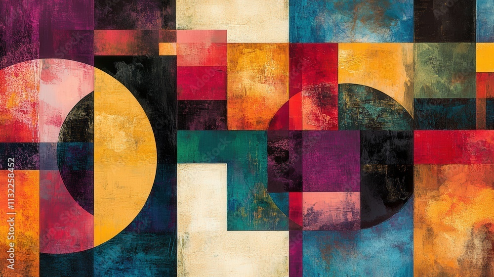 Poster vibrant abstract mixed media design with overlapping geometric shapes. circles, squares, and triangl