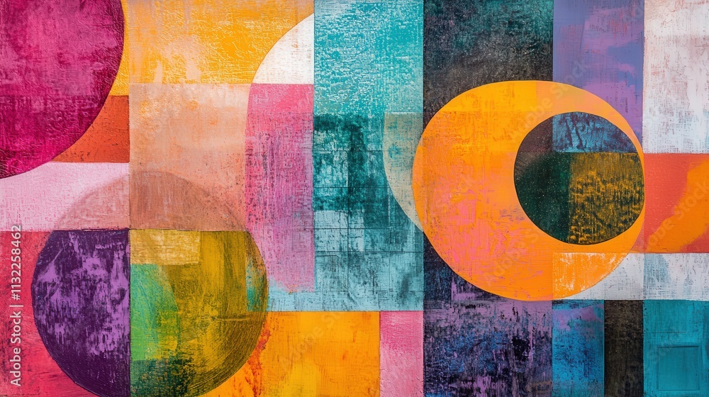 Poster vibrant abstract mixed media design with overlapping geometric shapes. circles, squares, and triangl