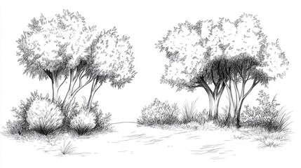 A detailed pencil sketch of two clusters of trees, showcasing lush foliage and natural greenery.