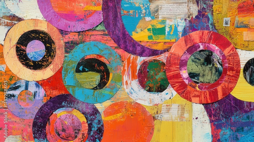 Poster vibrant mixed media composition filled with overlapping circular shapes in bright, bold colors.