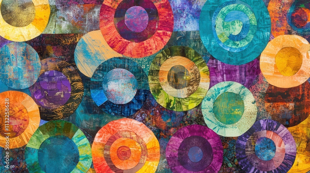 Poster vibrant mixed media piece with overlapping circular shapes, each one filled with unique textures.