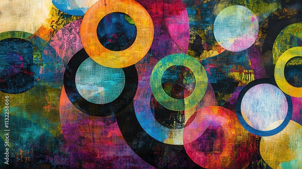 Poster vibrant mixed media piece with overlapping circular shapes, each one filled with unique textures.