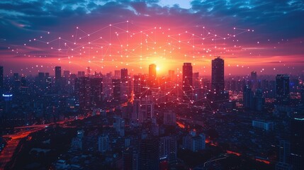 Obraz premium A striking night scene captures the vibrant glow of a modern city skyline, with long exposure showcasing the intricate web of illuminated buildings and network connections
