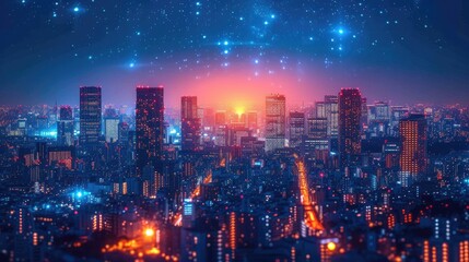 Fototapeta premium A striking night scene captures the vibrant glow of a modern city skyline, with long exposure showcasing the intricate web of illuminated buildings and network connections