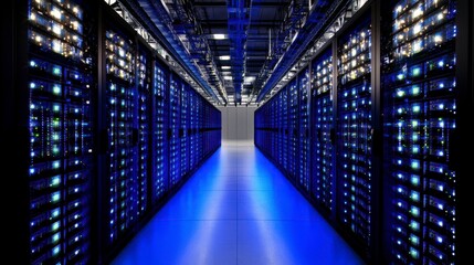Fototapeta premium Impressive High-Density Server Room with Bright Lighting