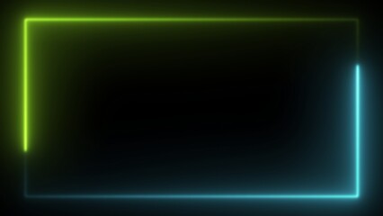Glowing neon frame transitions from vibrant green to blue against dark background. Minimalist rectangular border with seamless gradient. Modern tech-inspired aesthetic. Clean design element.

