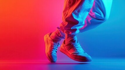 A young person of Asian descent is stylishly showcasing white sneakers against a vibrant gradient backdrop.