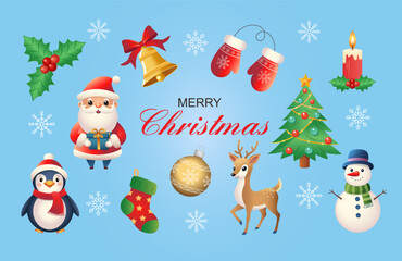A set of Christmas illustrations. Suitable for winter and New Year themes. Santa Claus; deer; penguin; snowman; candle; sock; holly; Christmas tree; bell; mittens; Christmas ball.
