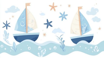 Fototapeta premium Sailboats on the sea, on simple background