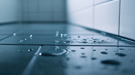 Close-up of water droplets on dark tiles, creating a tranquil and clean atmosphere.