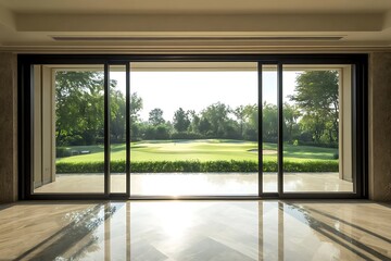 Modern room, large window, golf course view