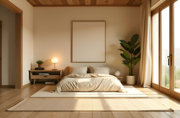 A large bed is centered in a spacious room with a white ceiling and walls with natural light. The room has wooden floors and there are recessed lights in the ceiling
