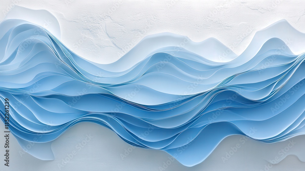 Poster white textured background as the base for abstract art, where random blue wave lines weave through t