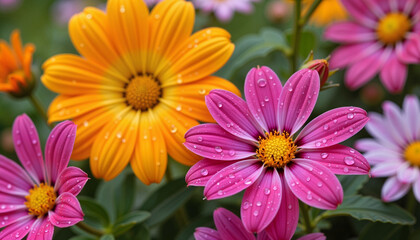 Obraz premium Colorful daisy garden bursting with life and freshness in springtime, showcasing vibrant blooms glistening after a light rain