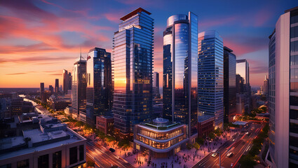 Obraz premium Modern urban skyline at sunset