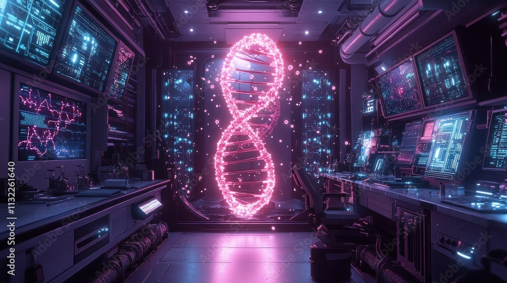 Poster a futuristic lab with a glowing dna helix and advanced technology.