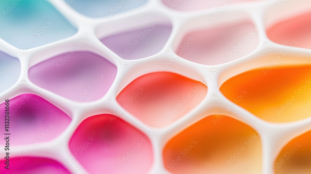 Poster abstract close-up of colorful 3d hexagonal mesh texture in bright gradient shades.