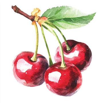 watercolor cherries branch, red fruit, green leaf clip art preview