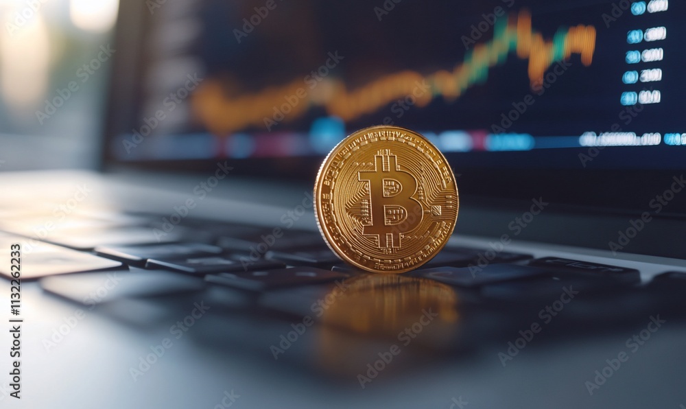 Poster A Bitcoin coin on a laptop keyboard with a trading graph in the background.