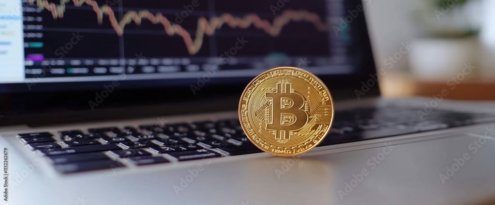 Poster A Bitcoin coin placed on a laptop keyboard with a financial chart in the background.