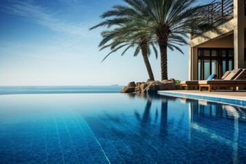 Fototapeta premium Minimalist luxury beach resort with pool, sun loungers, palm trees, and serene ocean view