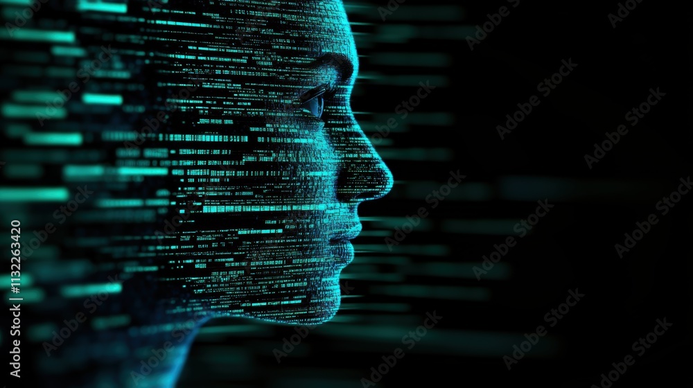 Aufkleber profile of a digital human face made of glowing blue data lines and binary code on a dark background