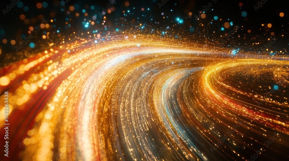 Poster a vibrant swirl of light particles creating a dynamic, abstract pattern.